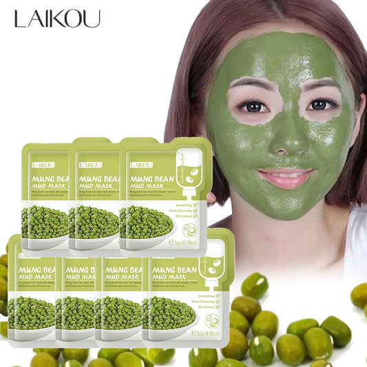 7pcs Mung Bean Face Cleansing Mud Peeling Acne Blackhead Treatment Mask Remover Contractive Pore Whitening Hydrating Care Cream