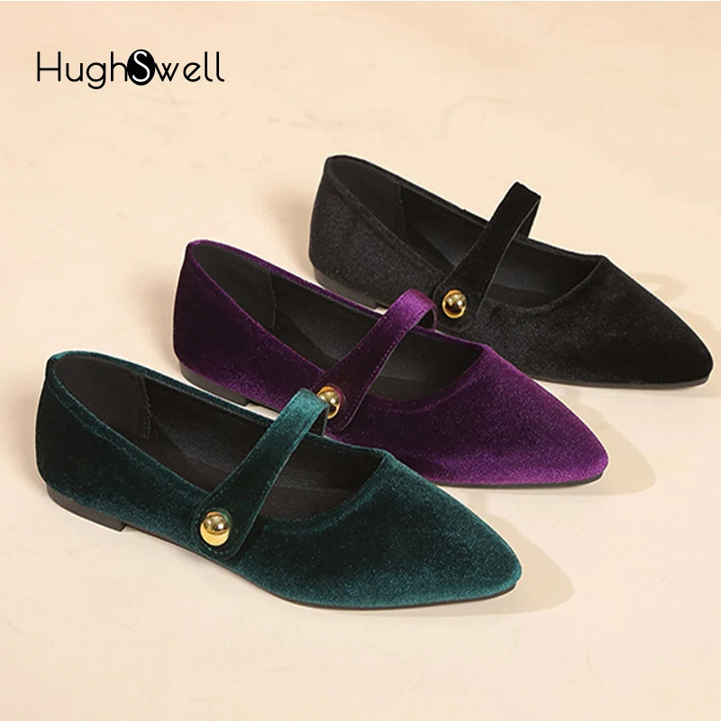 Elegant Velvet Ballet Flats Woman Luxury Velour Mary Jane Shoes Ladies Pointed Toe Buckle Strap Loafers In Purple Green