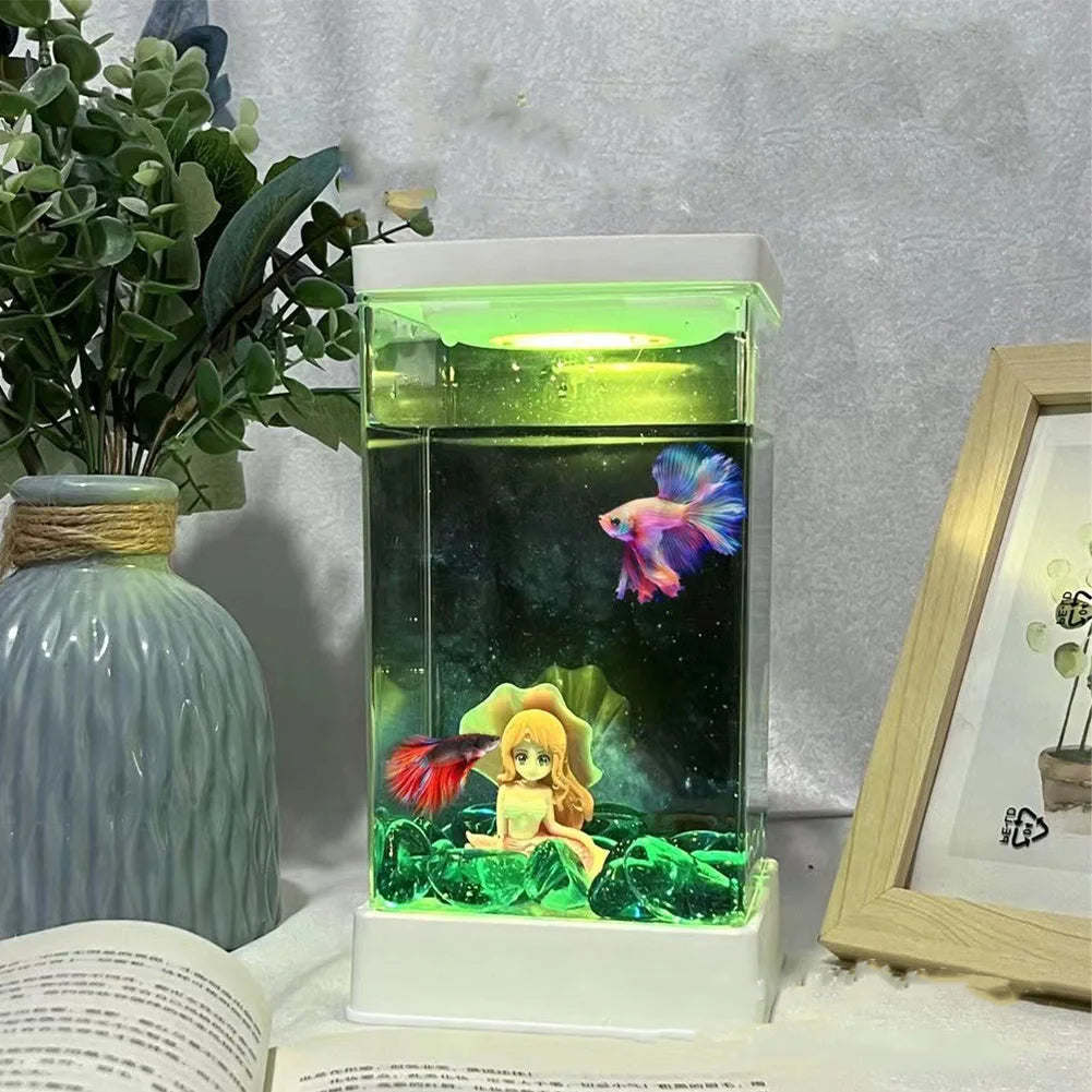 Desktop Fish Tank, Small Isolation Betta Fish Tank With Dimmable LED Light, Mini Plastic Tabletop Transparent Aquarium