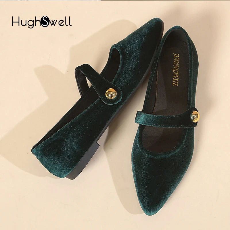 Elegant Velvet Ballet Flats Woman Luxury Velour Mary Jane Shoes Ladies Pointed Toe Buckle Strap Loafers In Purple Green