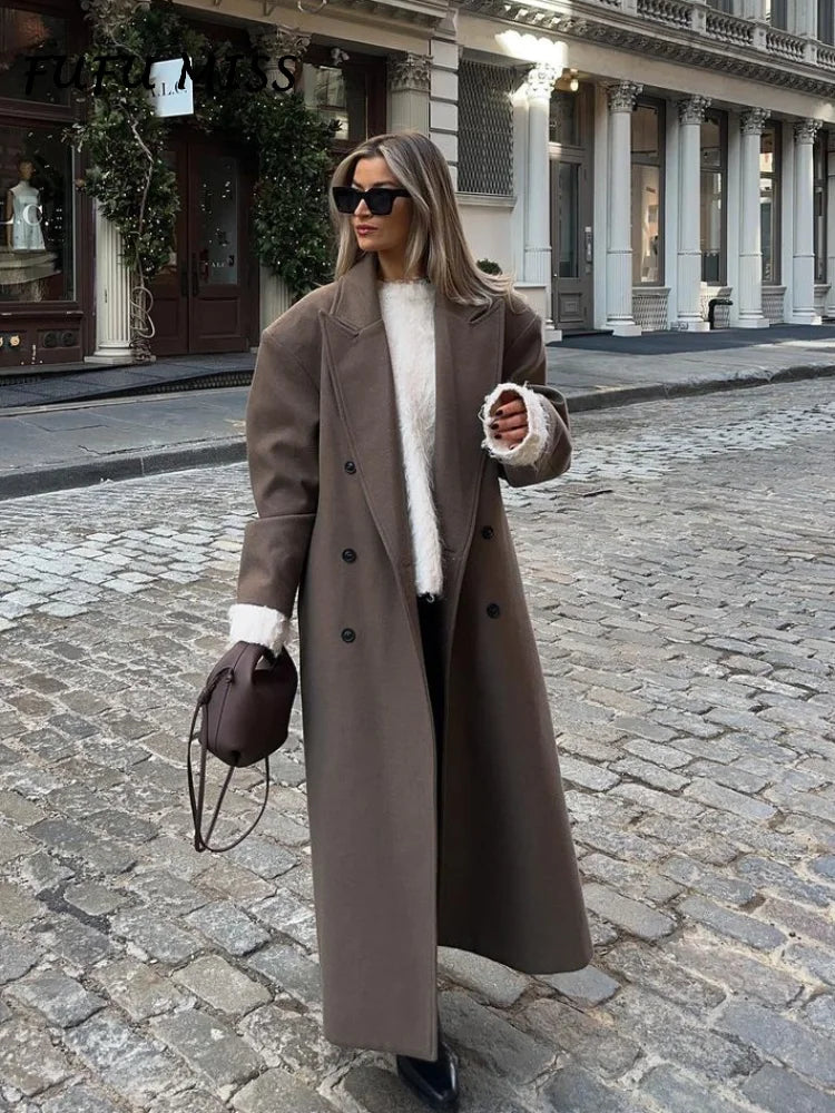 Solid Woolen Lapel Long Coats For Women Loose Full Sleeve Double Breasted Shoulder Pads Overcoats 2024 Autumn New Lady Outwears