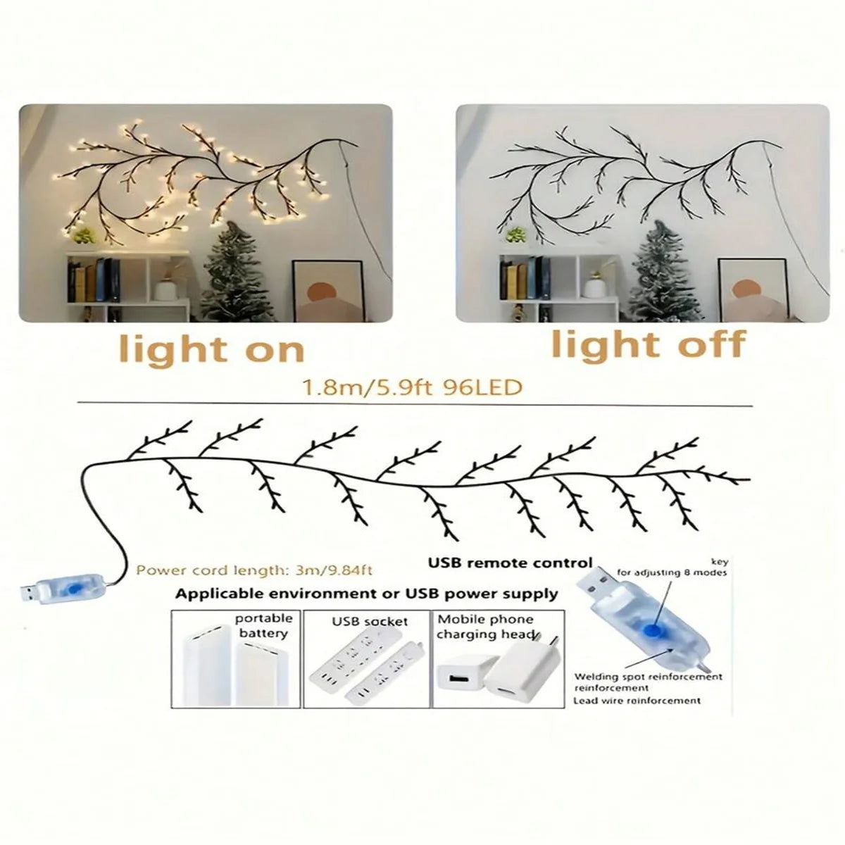 1PC 96 Led USB Tree Branch Rattan Lights 8 Modes Colorful String Lamp Halloween Christmas Wedding Bedroom Decoration