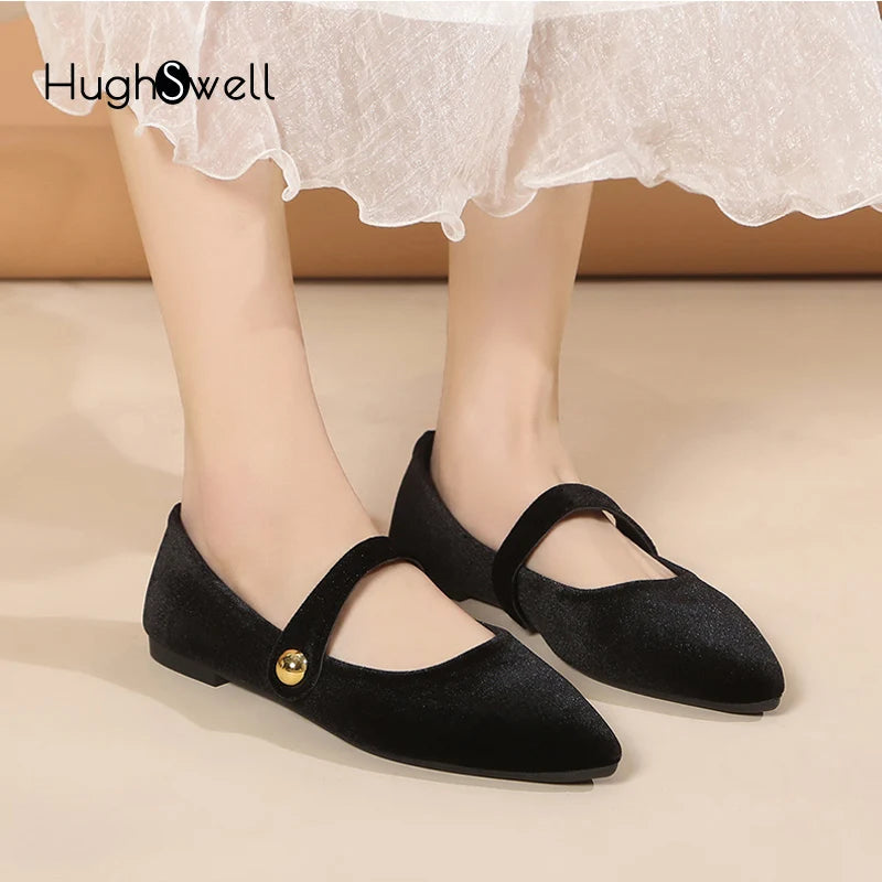 Elegant Velvet Ballet Flats Woman Luxury Velour Mary Jane Shoes Ladies Pointed Toe Buckle Strap Loafers In Purple Green