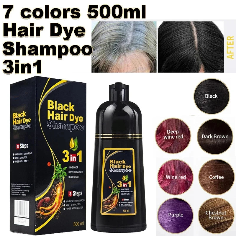 3 In 1 Instant Coloring Shampoo Natural Black Color for Men Women Hair Dye Herbal Brown Purple Hair Dye Hair Dye Shampoo 500ml