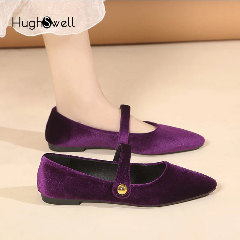 Elegant Velvet Ballet Flats Woman Luxury Velour Mary Jane Shoes Ladies Pointed Toe Buckle Strap Loafers In Purple Green