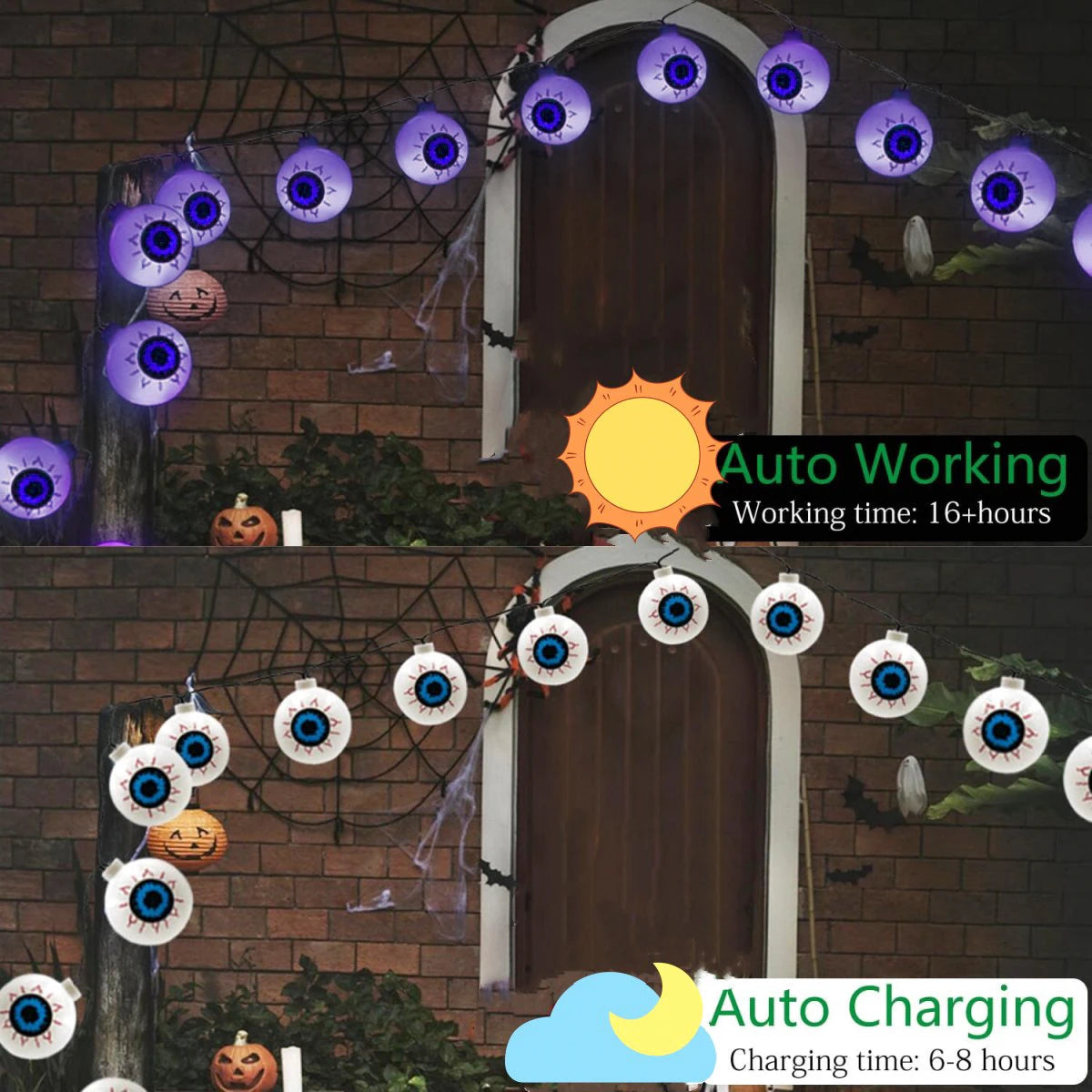 1PC 20/30 LED Halloween Purple Eyeball String Light With 8 Lighting Modes Waterproof Solar Powered Halloween Lights For Home