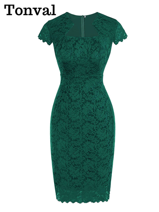 Tonval Green Lace Elegant Women Pencil Dress Short Sleeve Vintage Style Midi Length Ladies Sheath Dresses