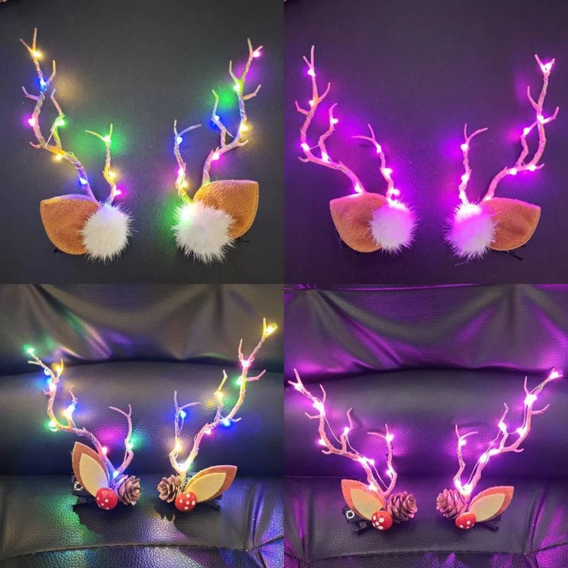 LED Christmas Antler Headwear for Women Girls Glowing Elk Horn Hair Clip Christmas Gift Elk Hairpin with Lights Navidad Decor