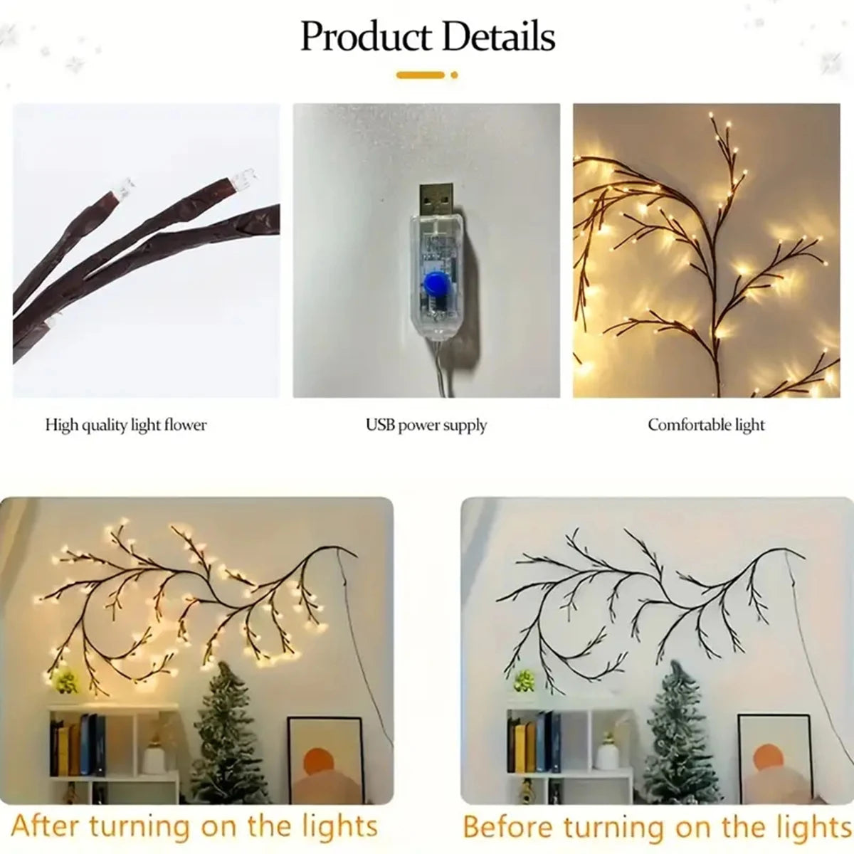 1PC 96 Led USB Tree Branch Rattan Lights 8 Modes Colorful String Lamp Halloween Christmas Wedding Bedroom Decoration