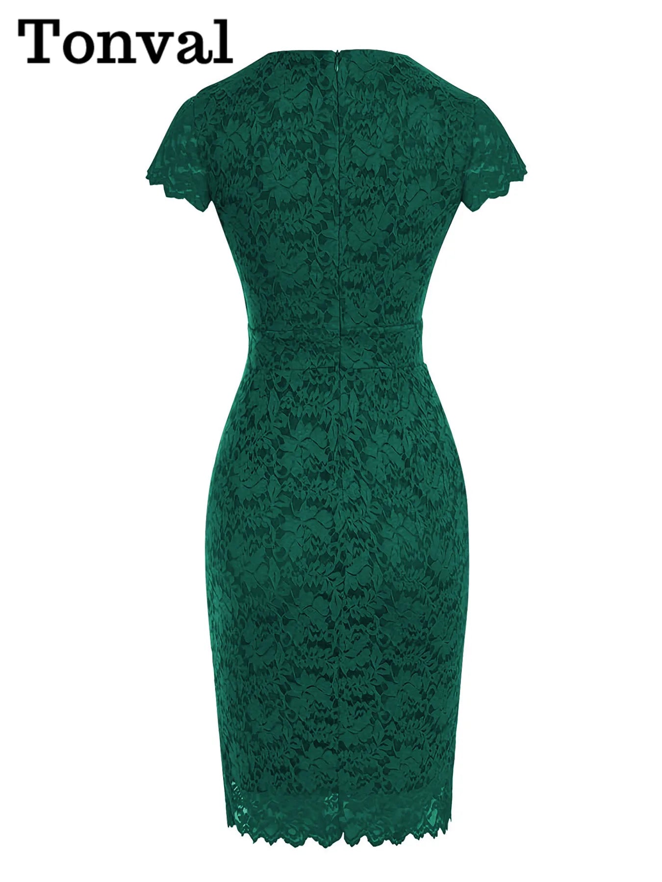 Tonval Green Lace Elegant Women Pencil Dress Short Sleeve Vintage Style Midi Length Ladies Sheath Dresses