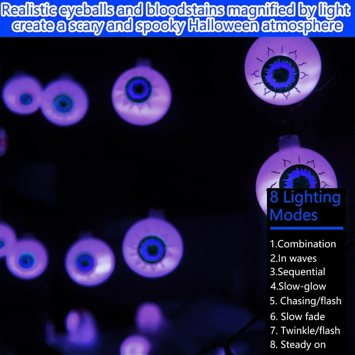 1PC 20/30 LED Halloween Purple Eyeball String Light With 8 Lighting Modes Waterproof Solar Powered Halloween Lights For Home