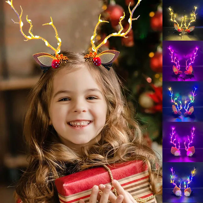 LED Christmas Antler Headwear for Women Girls Glowing Elk Horn Hair Clip Christmas Gift Elk Hairpin with Lights Navidad Decor