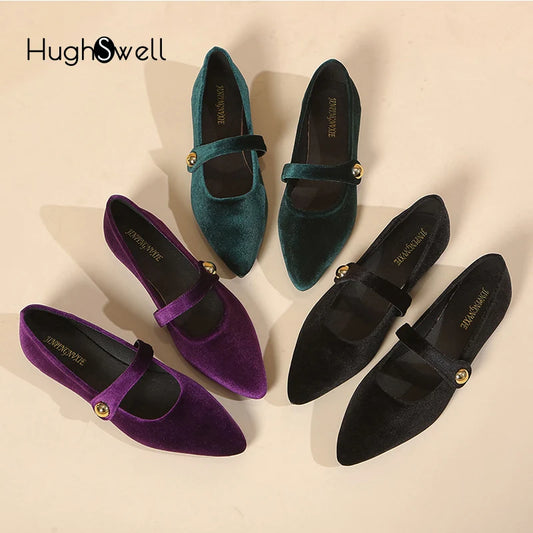 Elegant Velvet Ballet Flats Woman Luxury Velour Mary Jane Shoes Ladies Pointed Toe Buckle Strap Loafers In Purple Green